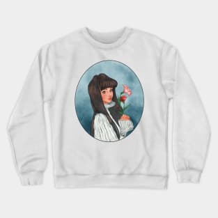 Cute Long black hair girl with flowers and innocent look with background Crewneck Sweatshirt